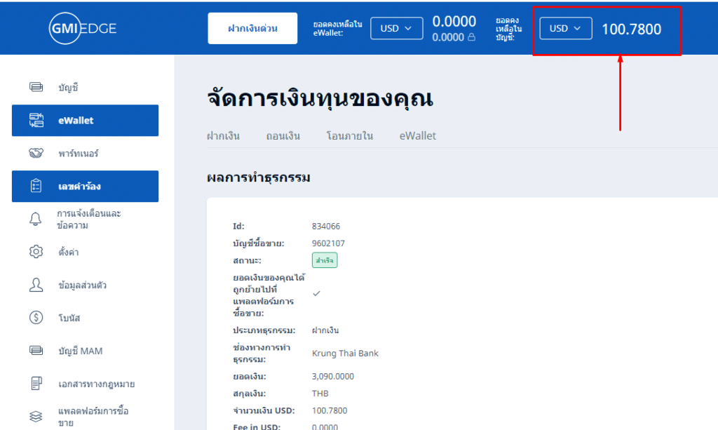 ยอดเงินเข้าบัญชี gmi